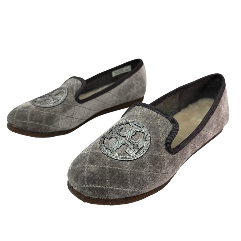 Tory Burch Billy Quilted Slipper Smart Velvet Metallic TB Logo Grey Pewter 7 - Picture 4 of 7